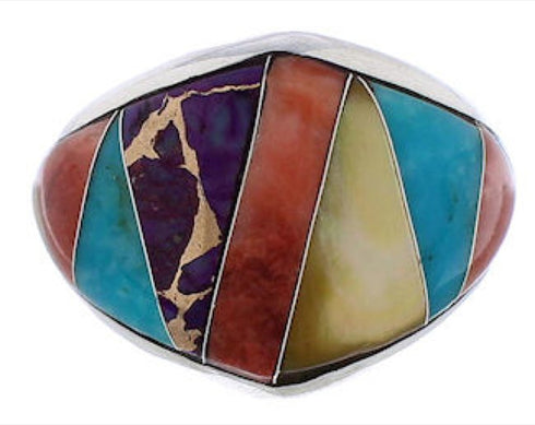 Southwest Sterling Silver Multicolor Inlay Ring Size 8-1/2 EX22455